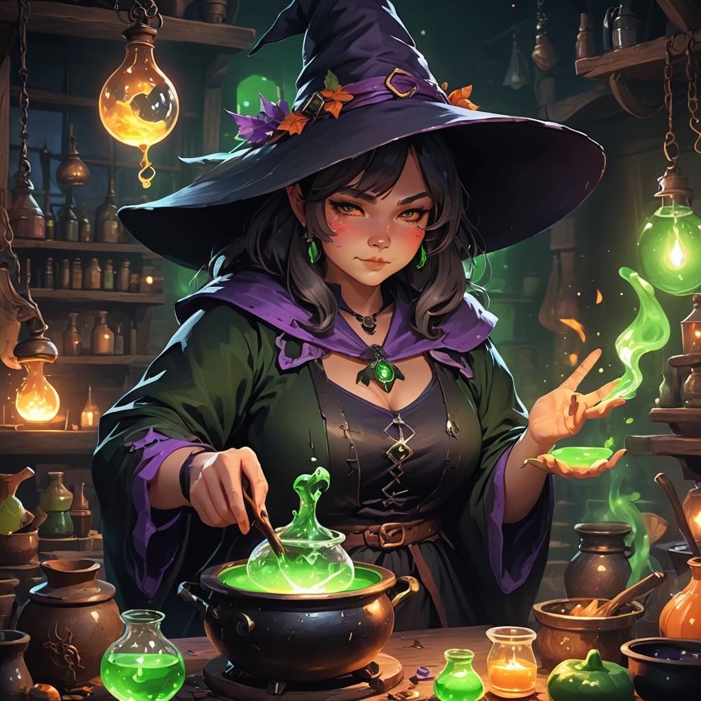 BBW Witch Prepares Potion in Anime Style