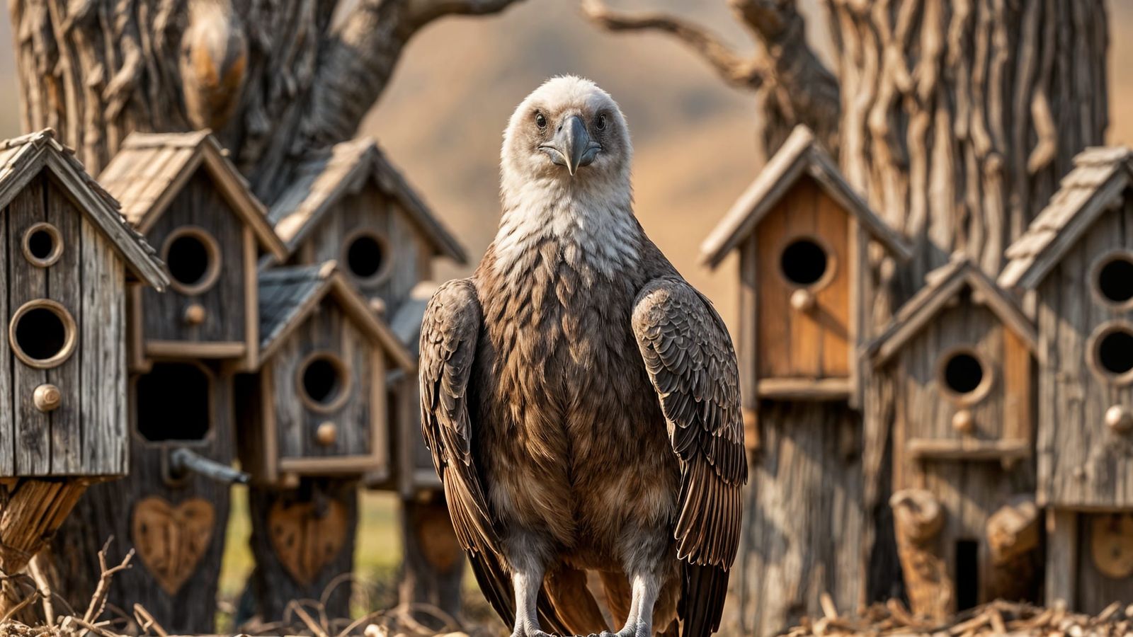 Majestic Condor at Birdhouses in Realistic Photo