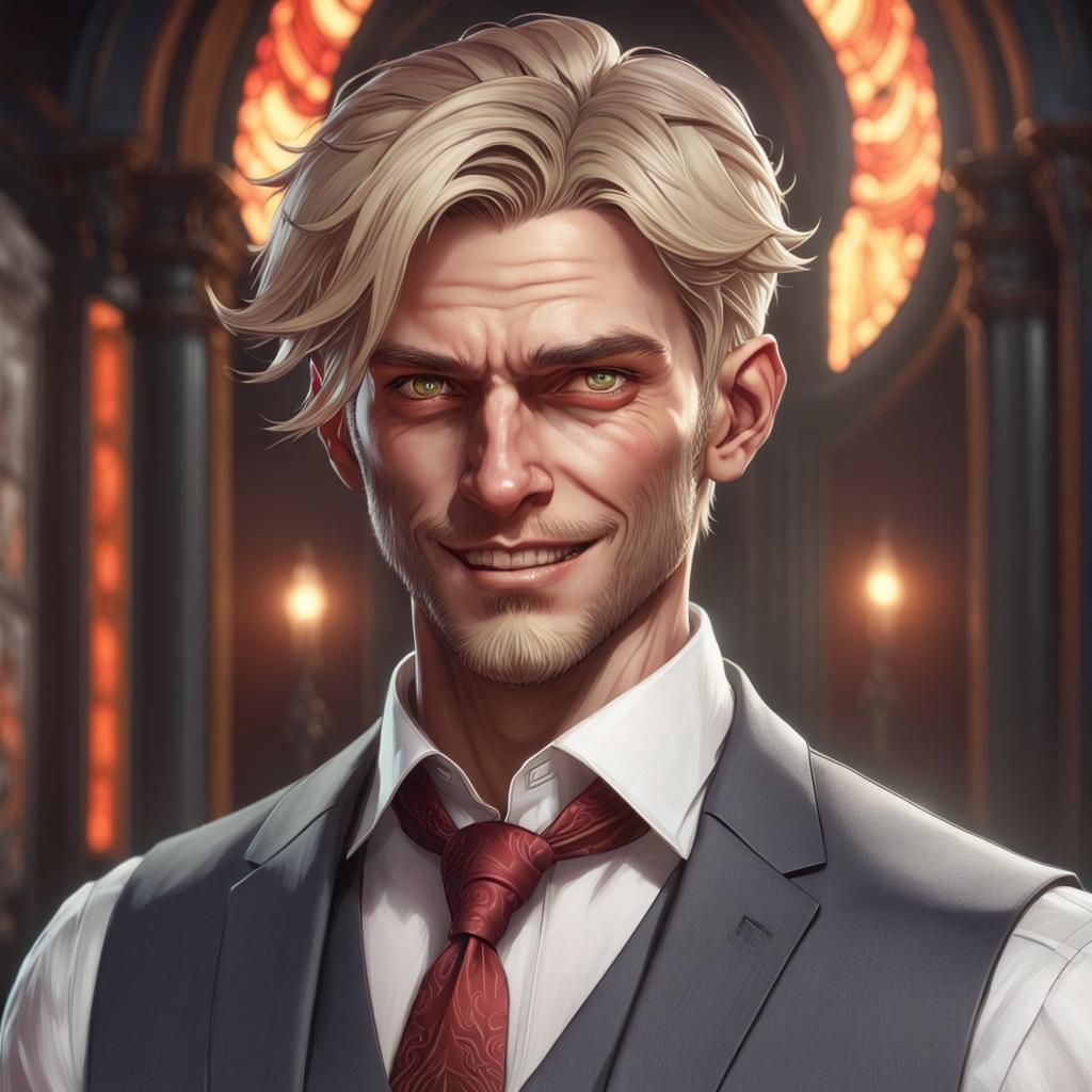 Evil Blonde Man Portrait in Hyperdetailed Style