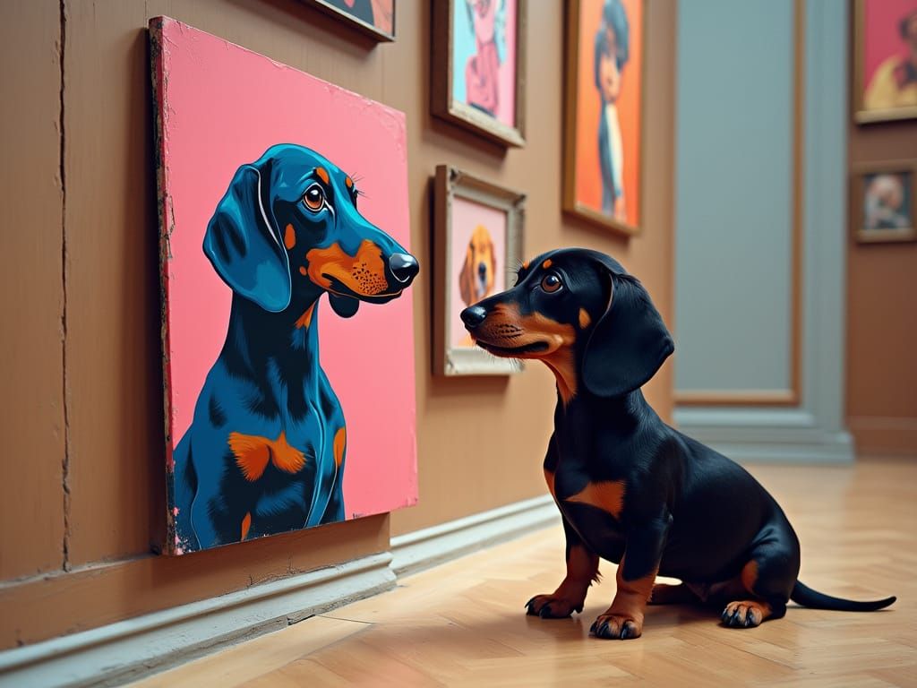 Dachshund Puppy in Museum Admiring Warhol's Pop Art