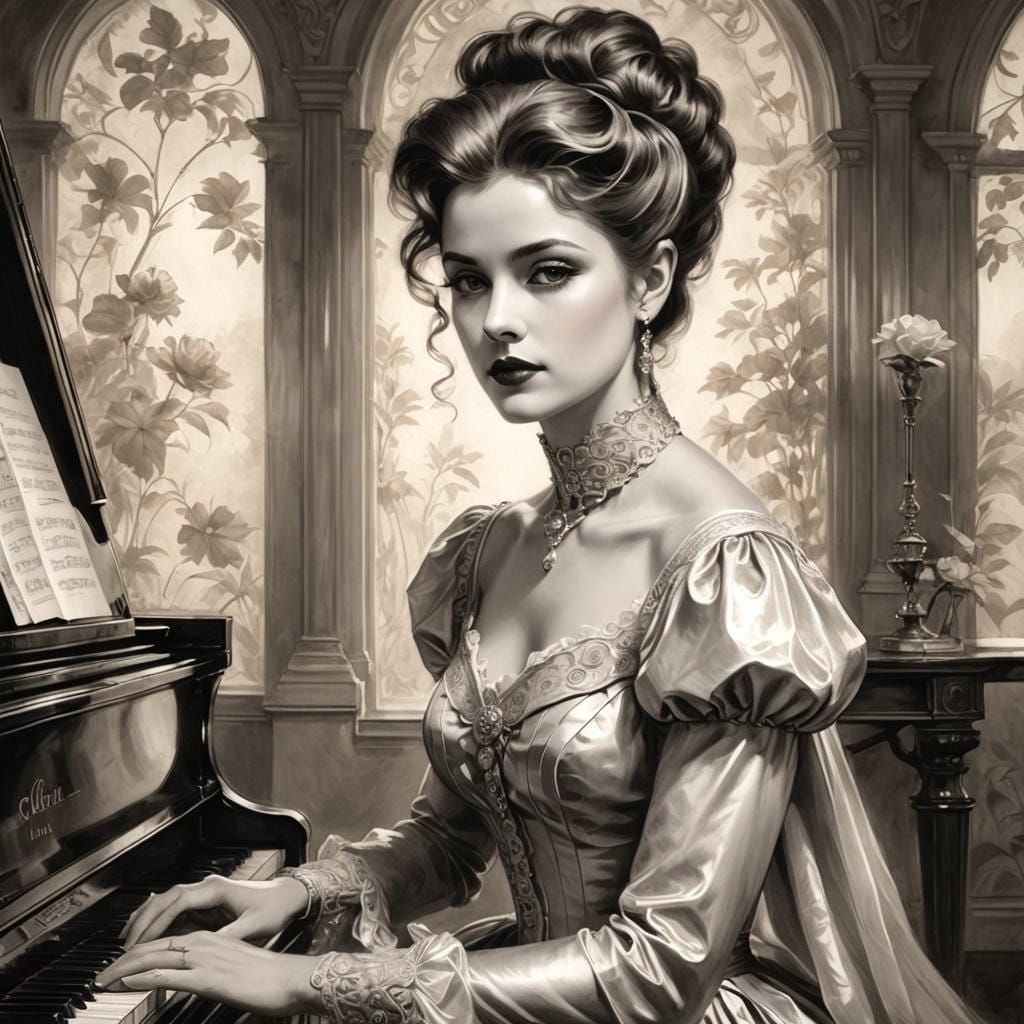 Monochrome Gibson Girl at Piano, in Grisaille Style