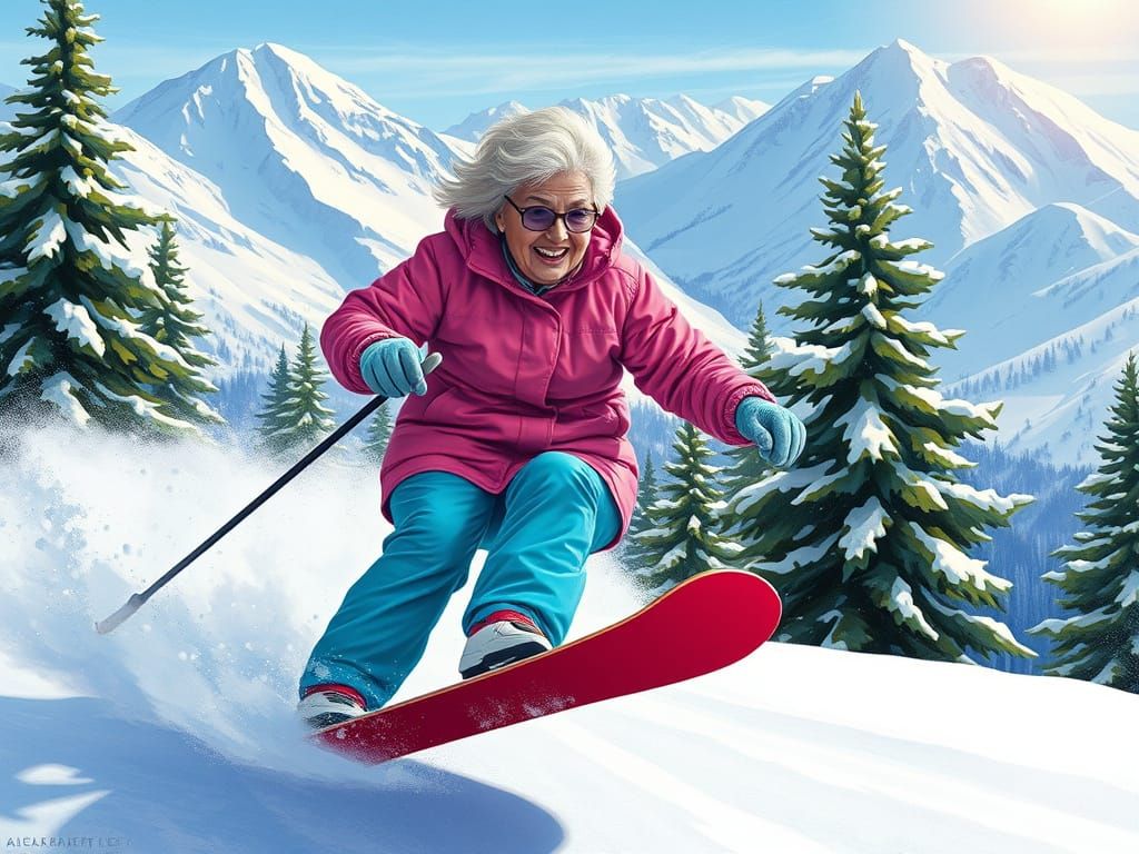 Grandma Shreds the Slopes: Imaginative Digital Art