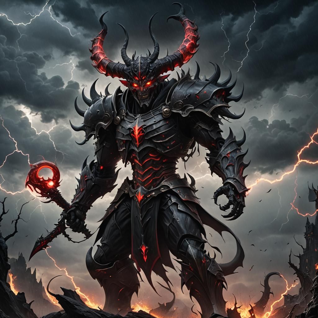 Menacing Demonic Leader with Horns and Red Eyes