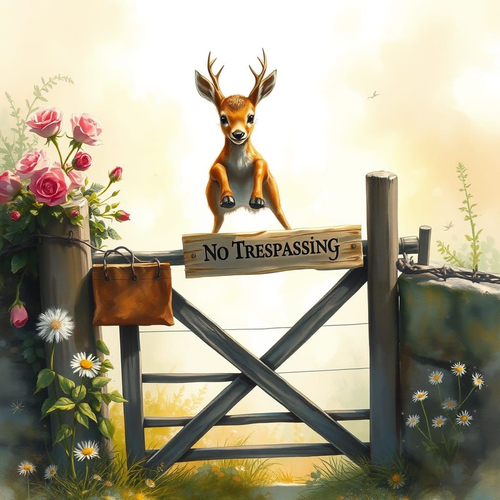 Whimsical Farm Gate Fantasy in Watercolour Style