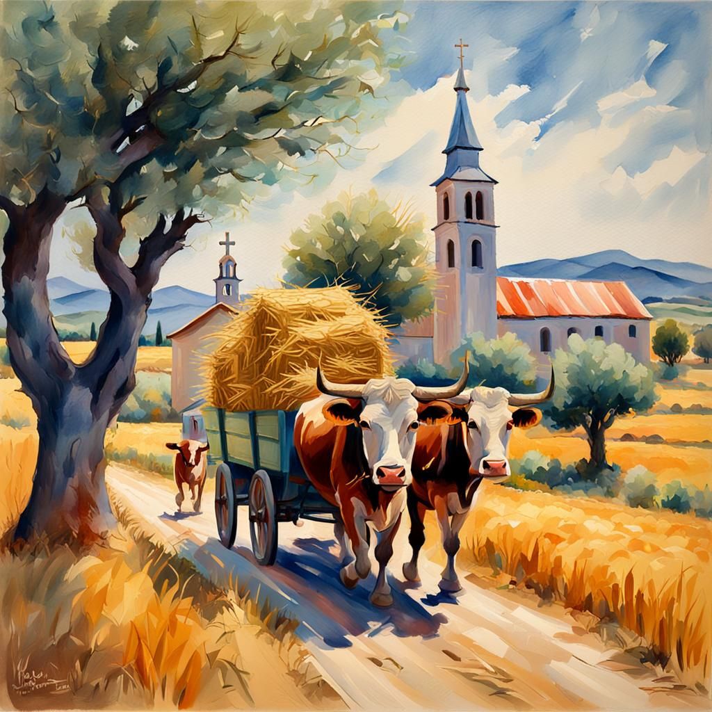 Hay Wagon Through Wheat Fields: Gouache Impressionism