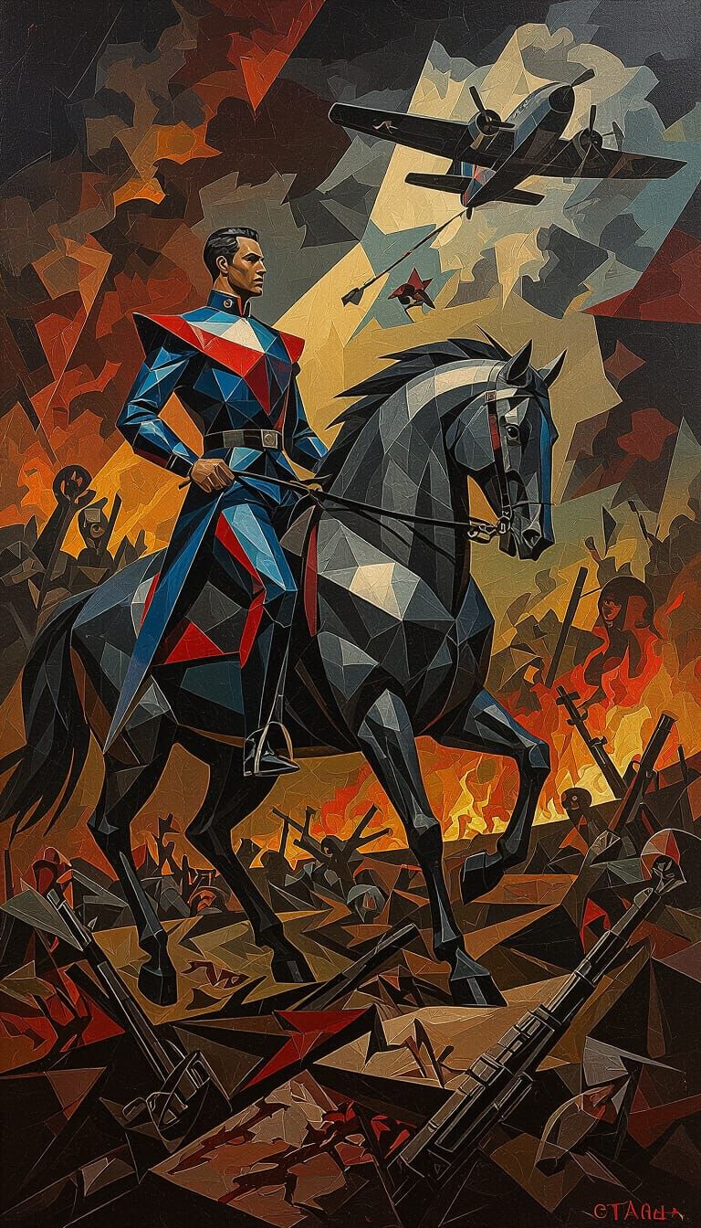 Futurist Warrior on Horseback in Fractured Battlefield