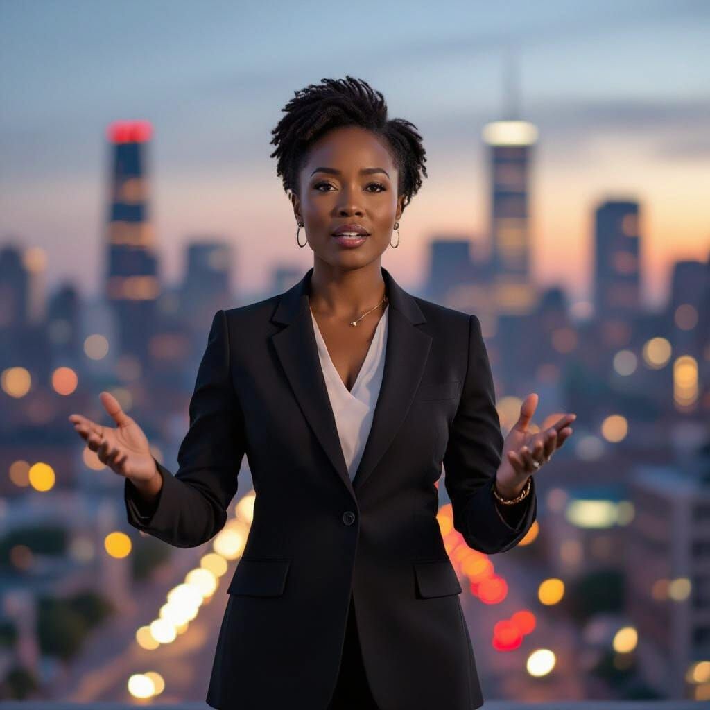 Black Female Advocate Speaking in Urban Dusk