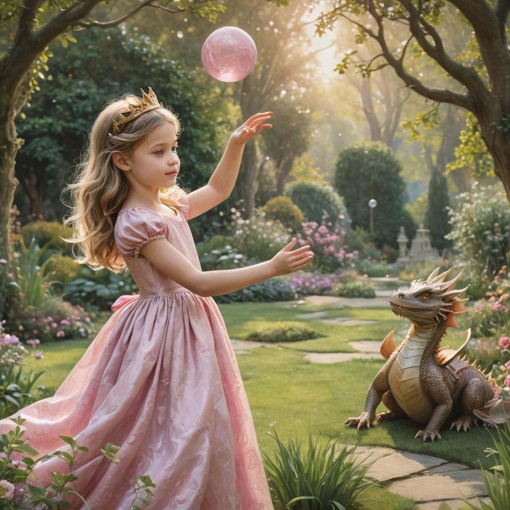 Princess and Dragon Play Fetch in Fantasy Garden
