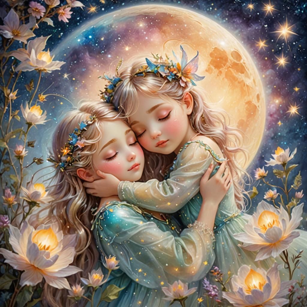 Fairies Sleeping on Bioluminescent Moon in Dreamy Fantasy Ar...