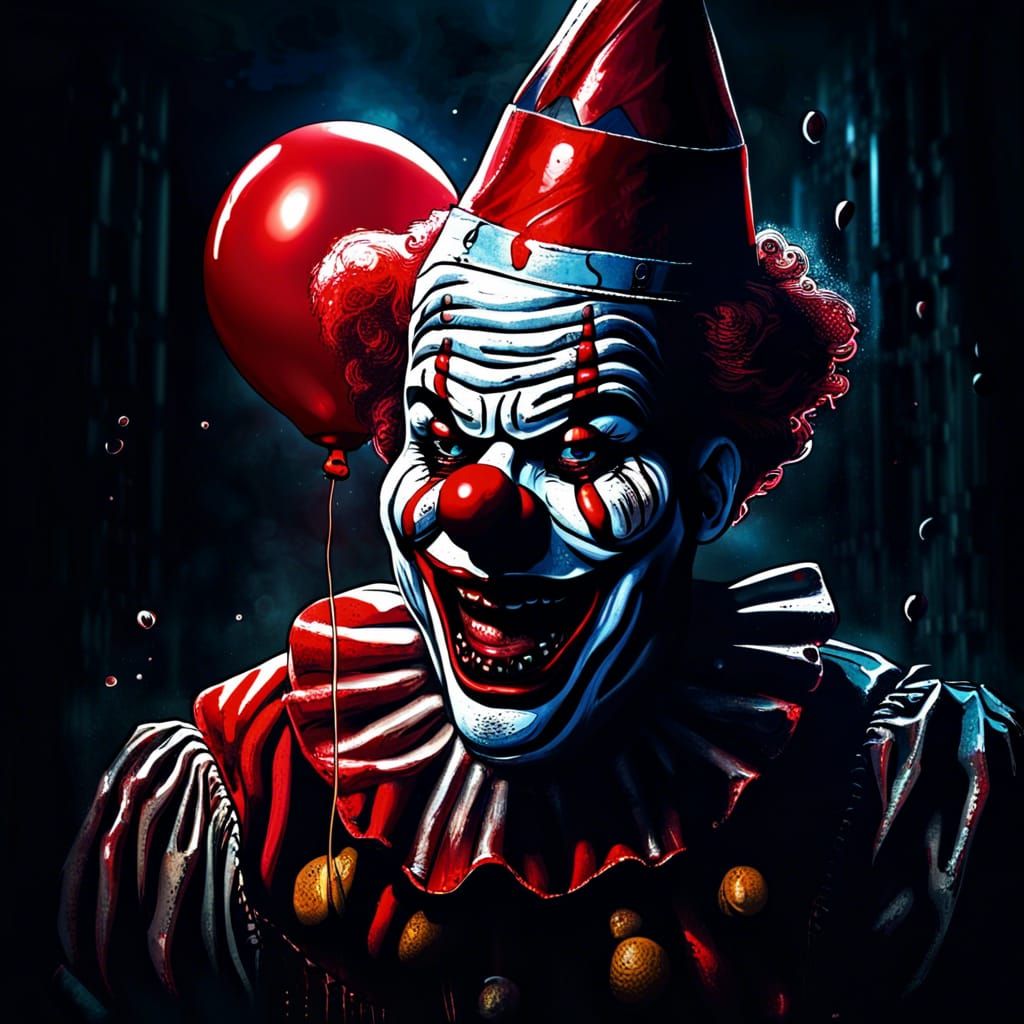 Scary Clown with Red Balloon in Dark Sewer