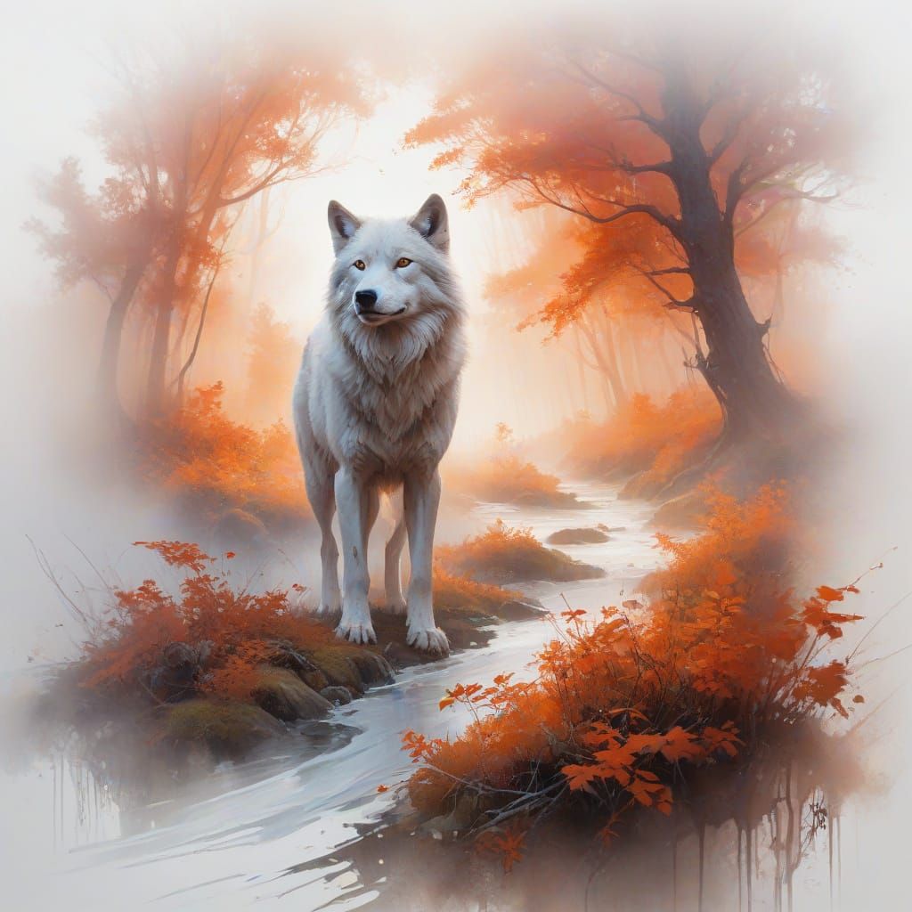 Ethereal Wolf Emerges from Foggy Twilight Woodland