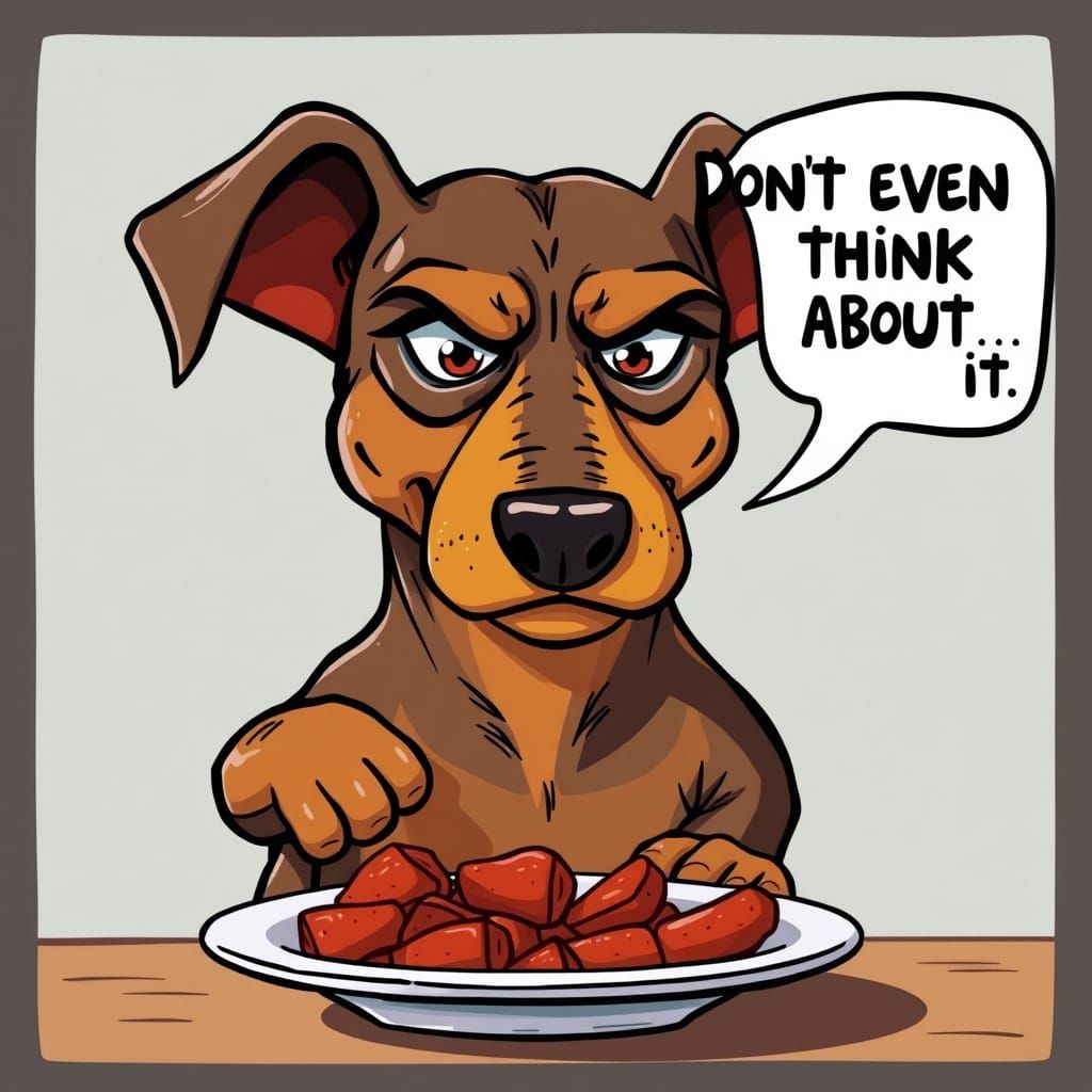 Sassy Dachshund Guards Dinner in Exaggerated Cartoon Style