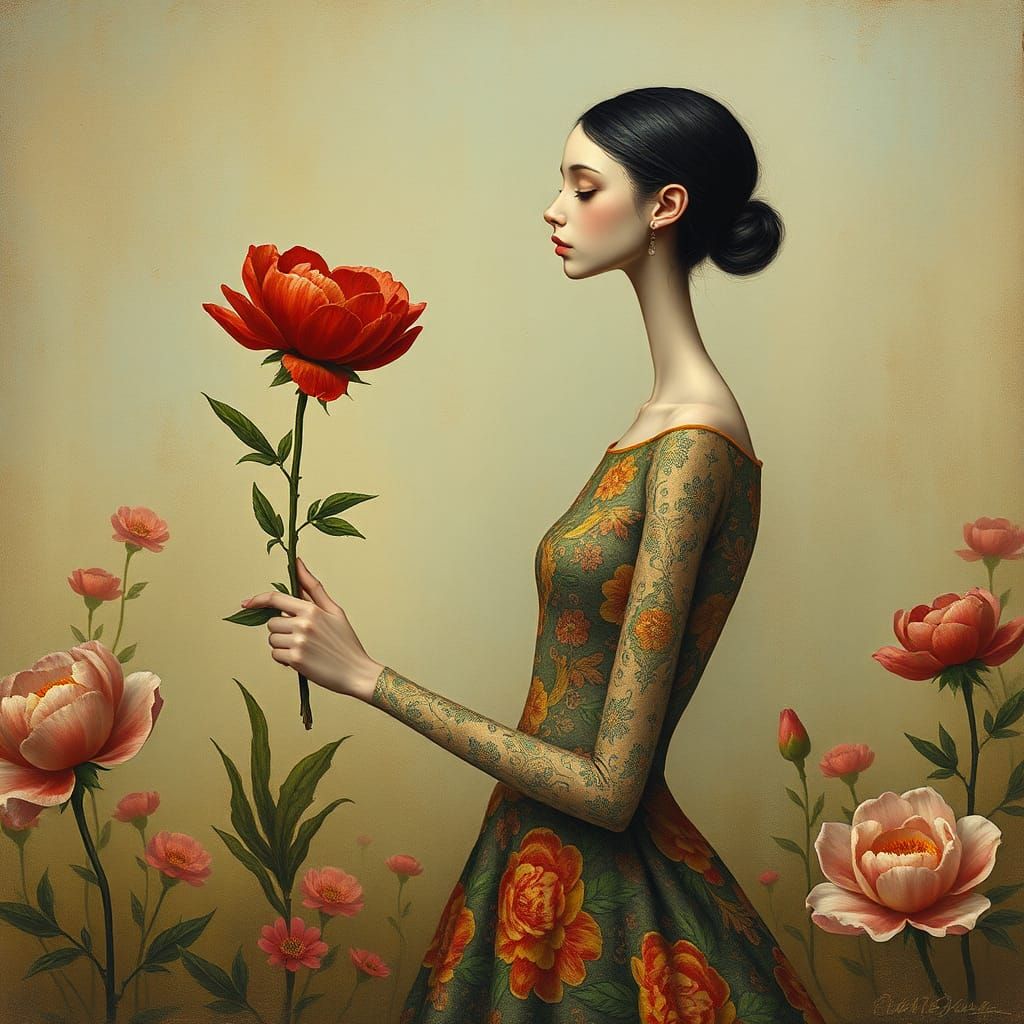 Surreal Girl with Peony in Pastel Colors
