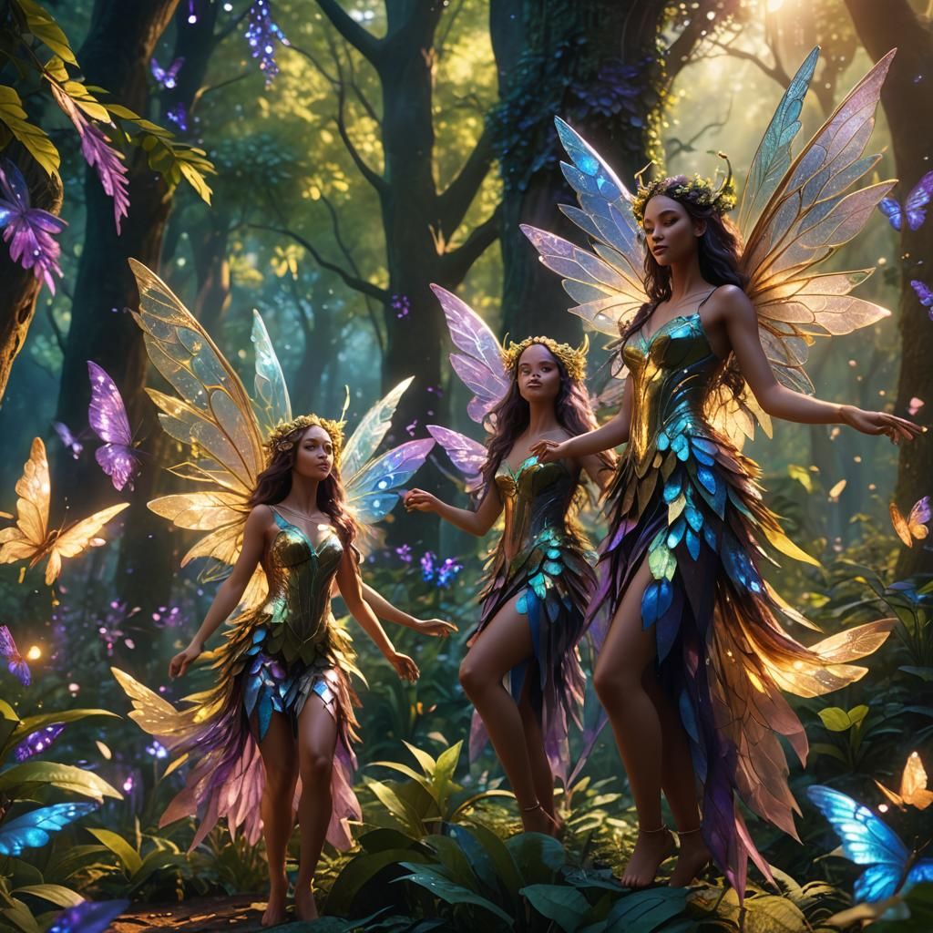 Enchanted Forest Nymphs Dance: Vibrant Digital Art