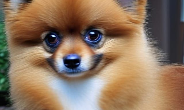 A light-brown Pomeranian Dog, black eyebrows