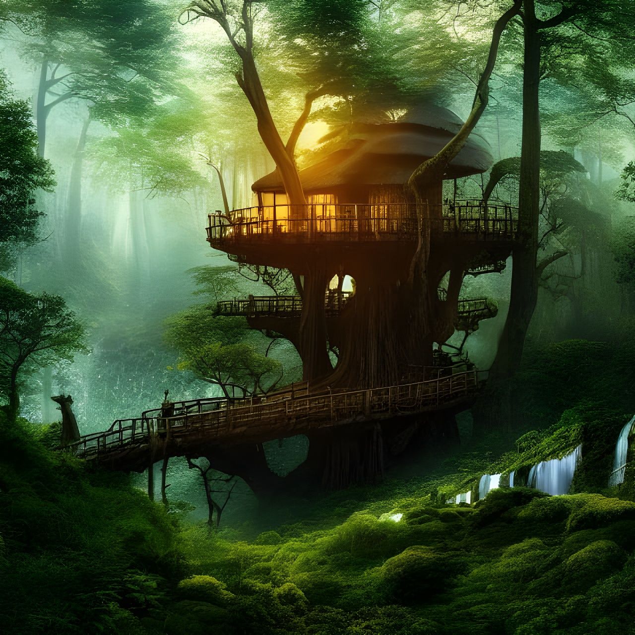 Enchanting Forest Treehouse at Sunset: Detailed Digital Art