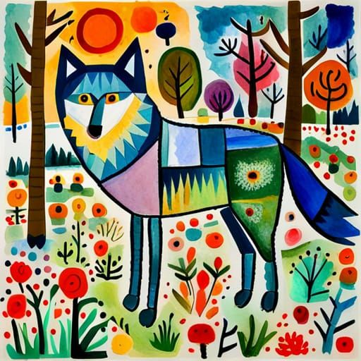 Wolf in Winter Forest: Gouache Watercolor Impression
