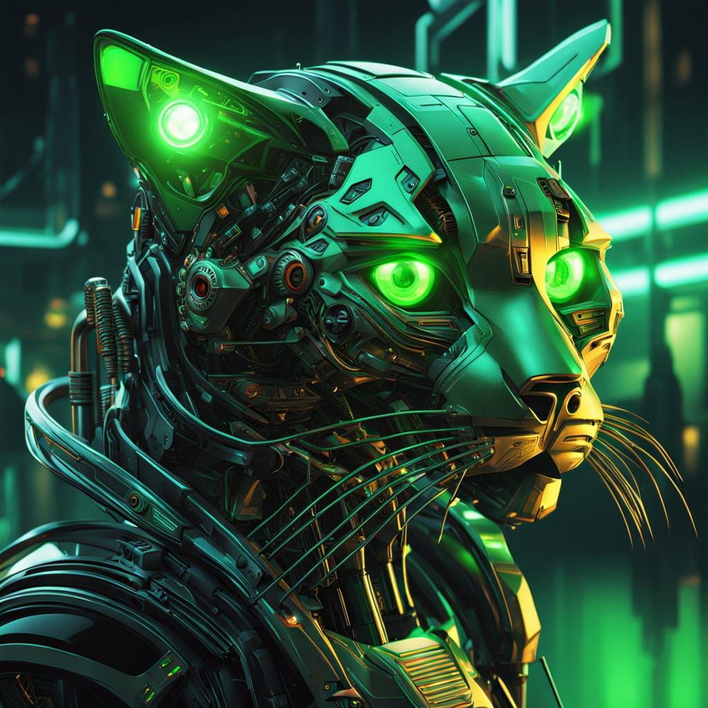 Cyberpunk Cat Head in Profile, Metallic and Glowing