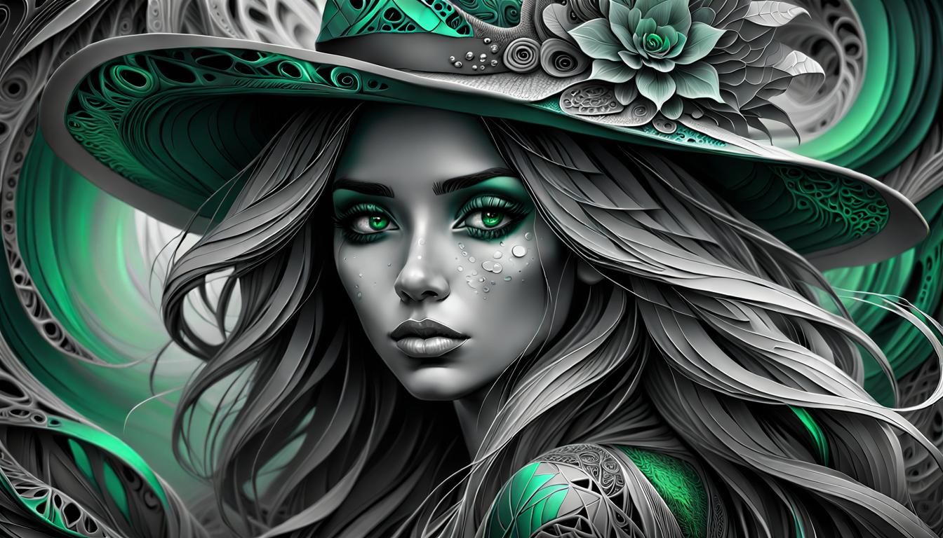 Green-Eyed Lady in Surreal Grayscale Digital Art