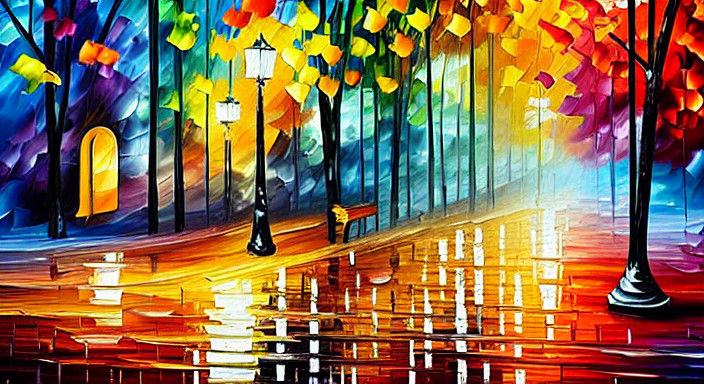 Vibrant Autumn Night Scene in Neo-Expressionist Style