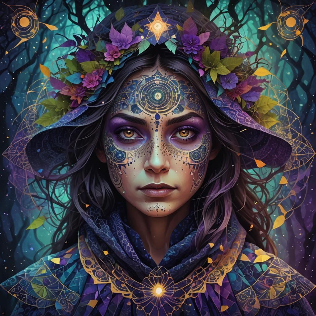 Mystical Witch Embodied in Geometric Patterns and Textures