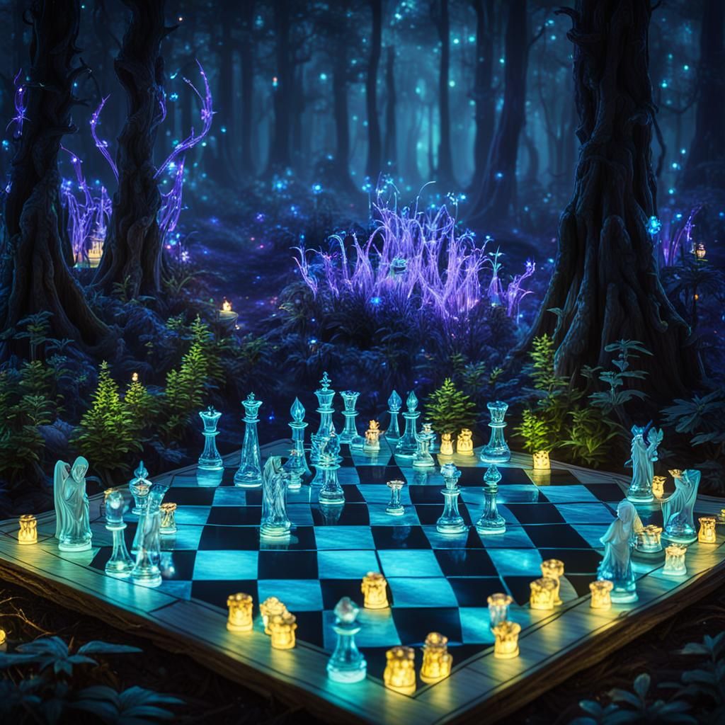 Enchanted Chess Game in Bioluminescent Forest
