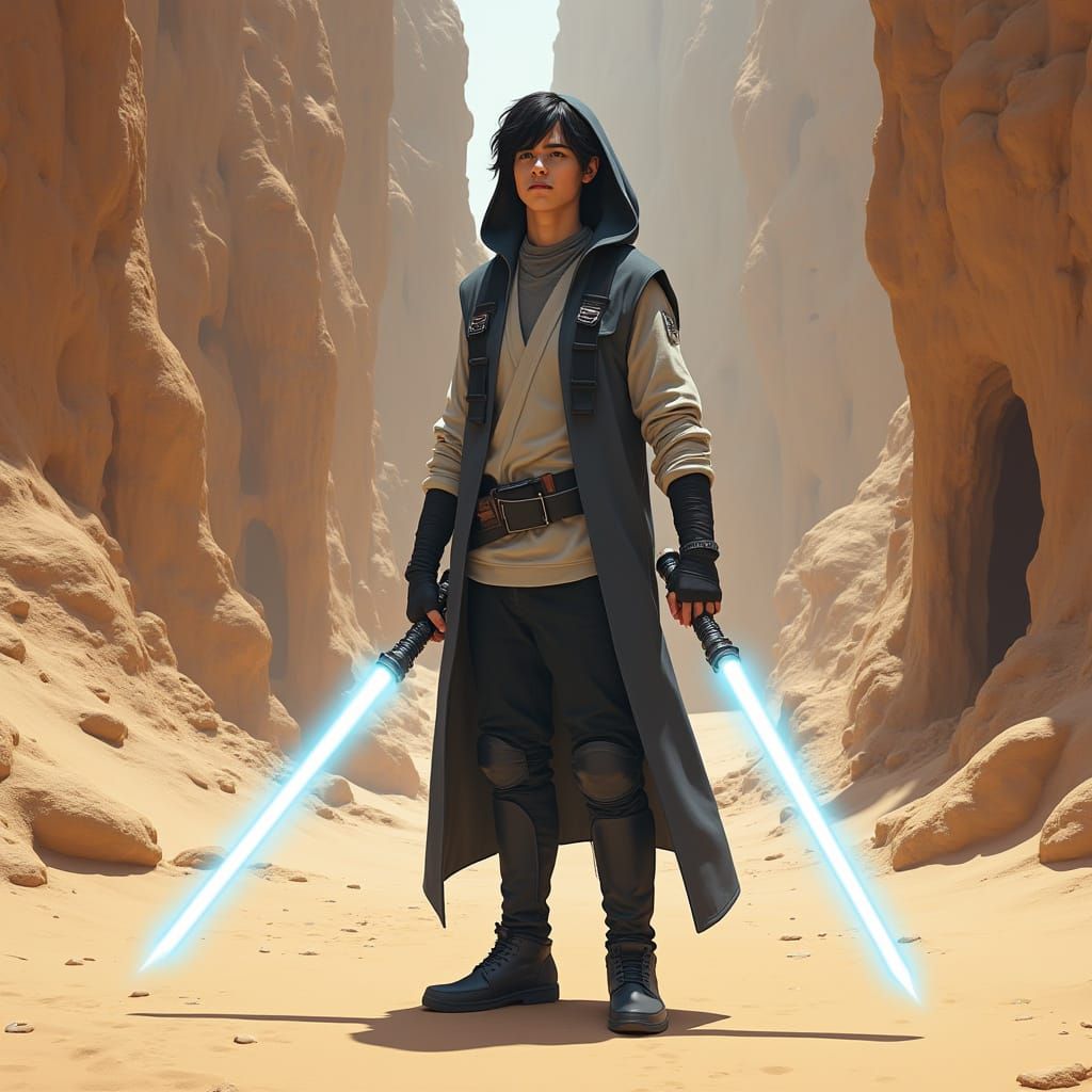 Hyperrealistic Warrior with Lightsabers in Sandy Canyon