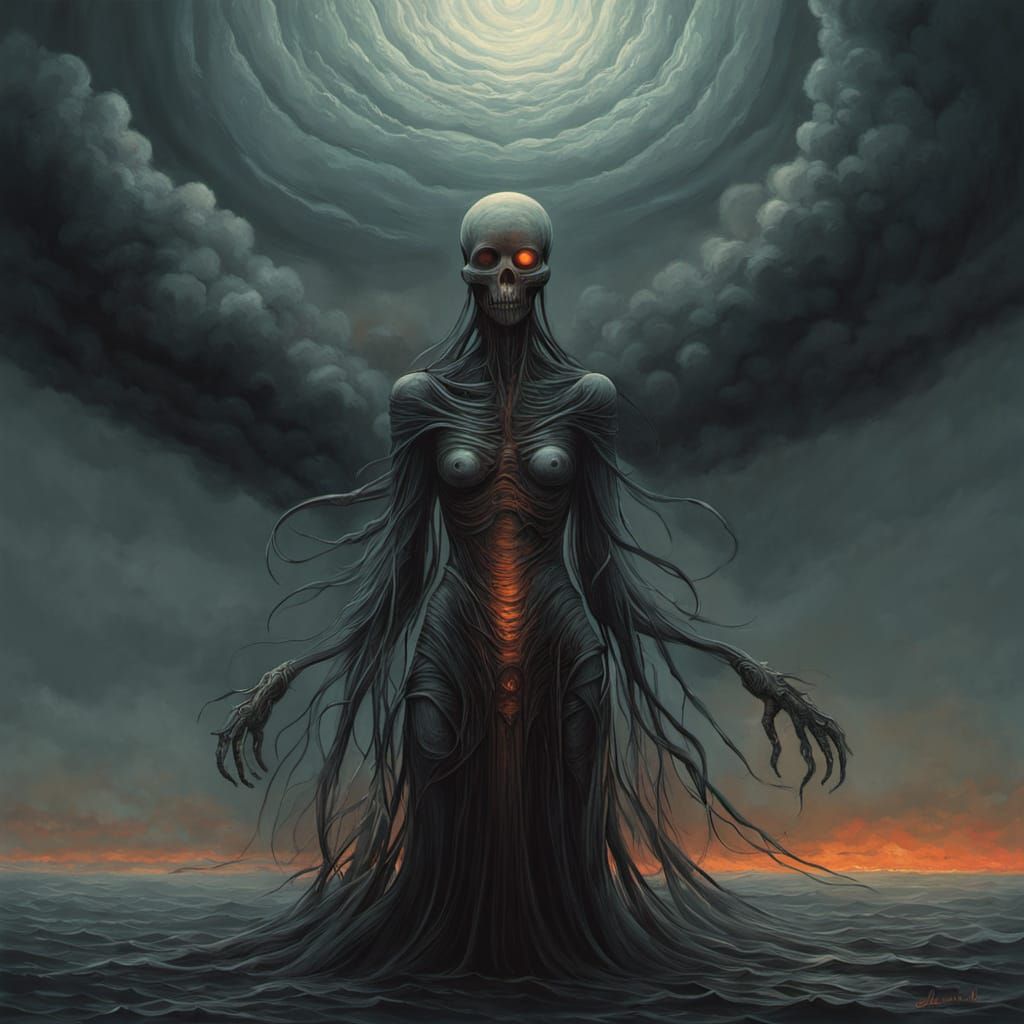 Ethereal Wisp Creature Dances Amidst Dark Grey Cloudscape