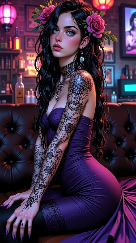 Intricate Tattoo Art on Woman in Velvet Dress