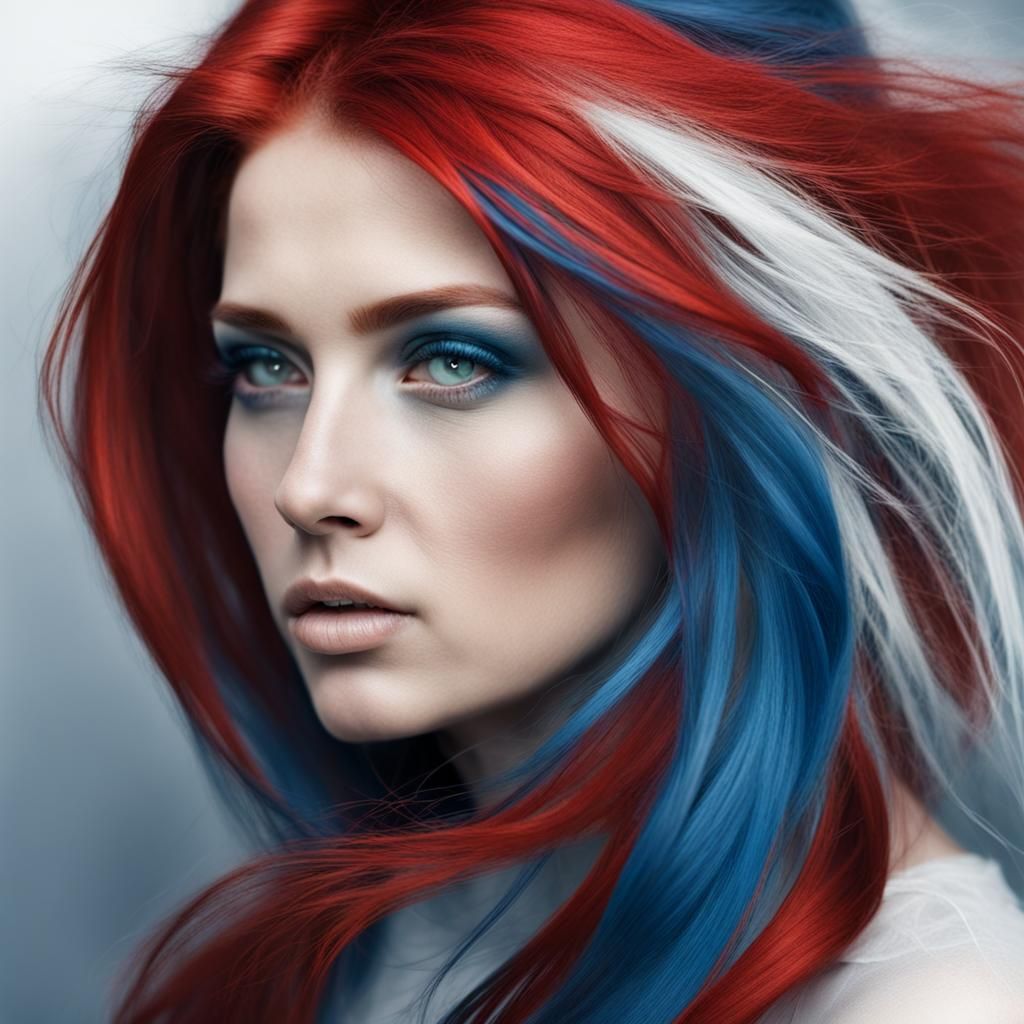 Woman with Red Hair in Blue and Gray