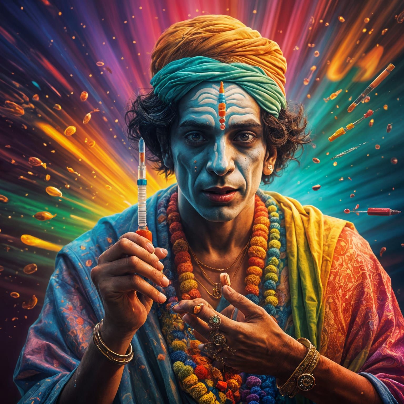 Hare Krishna Injects Drug: Hyperrealistic Splash Art