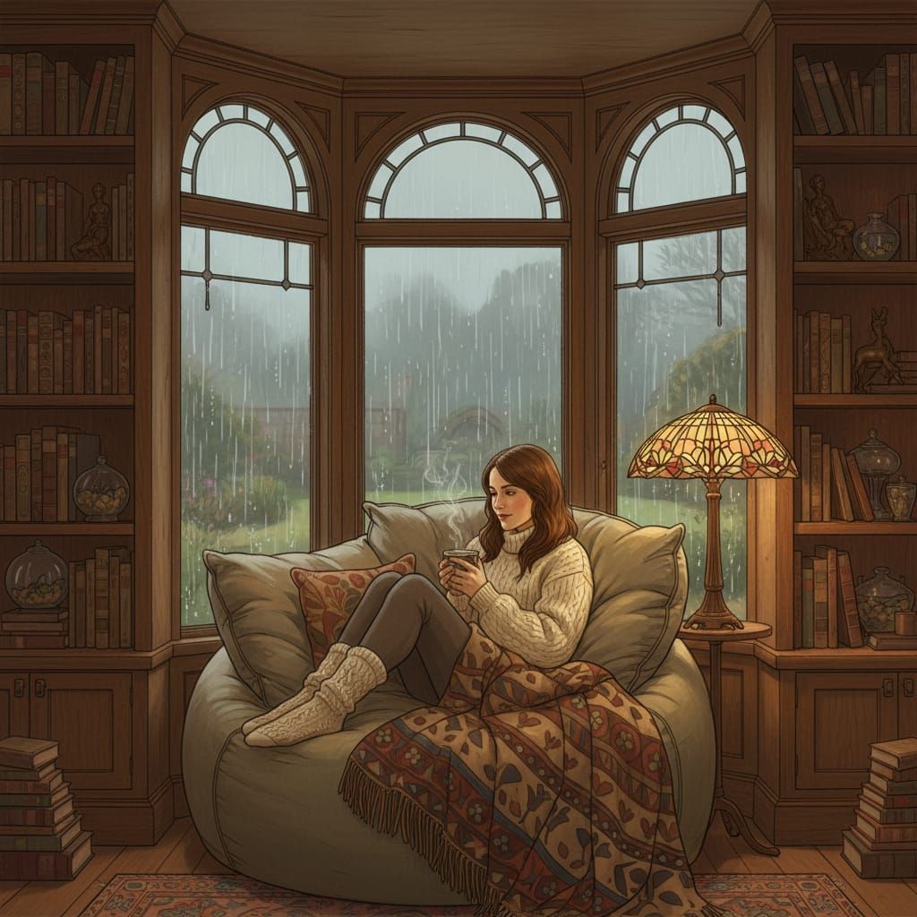 Cozy Woman Reading in a Bay Window Seat