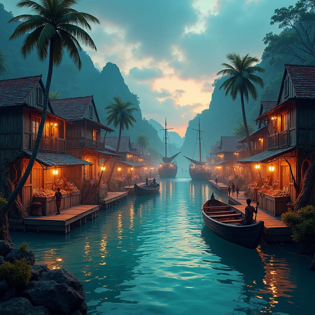 Caribbean Pirate Town at Dusk: Matte Painting