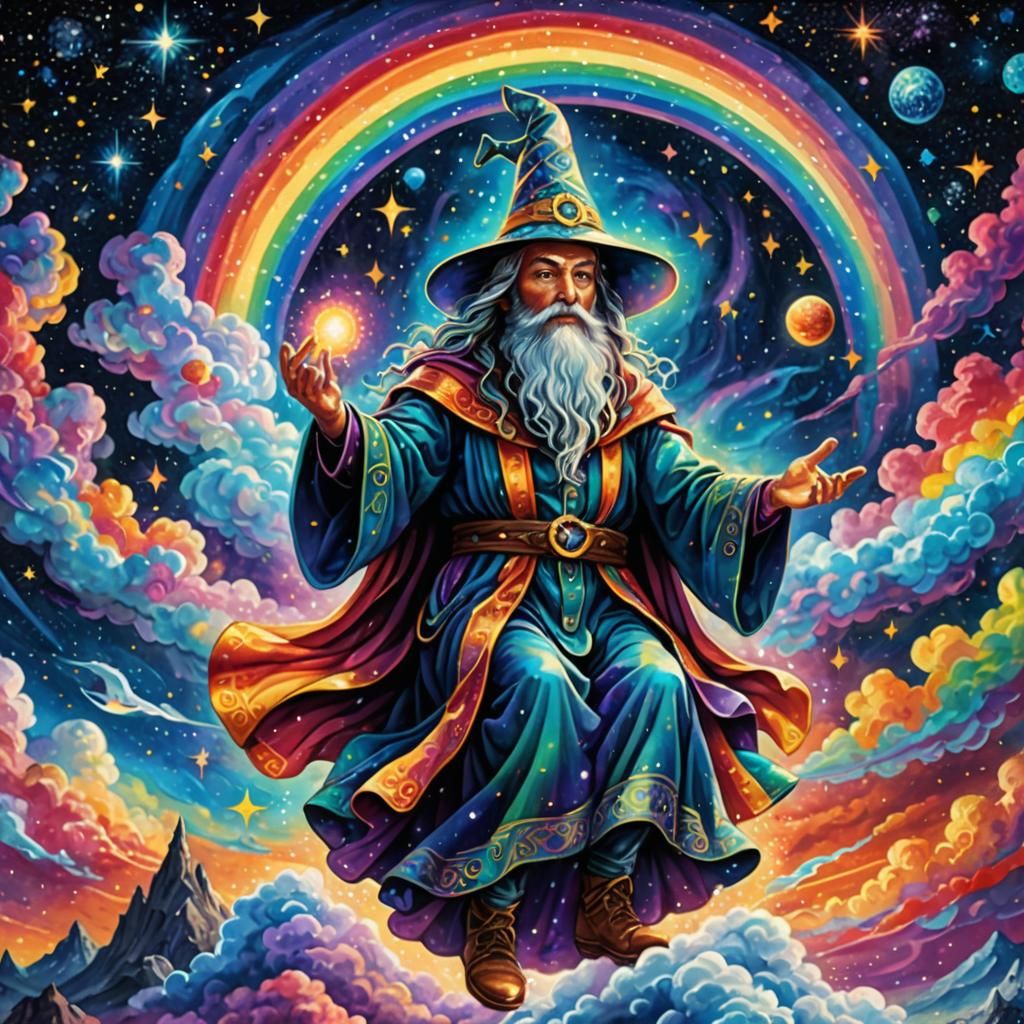 Wizard Rides a Rainbow in Astral Holographic Art