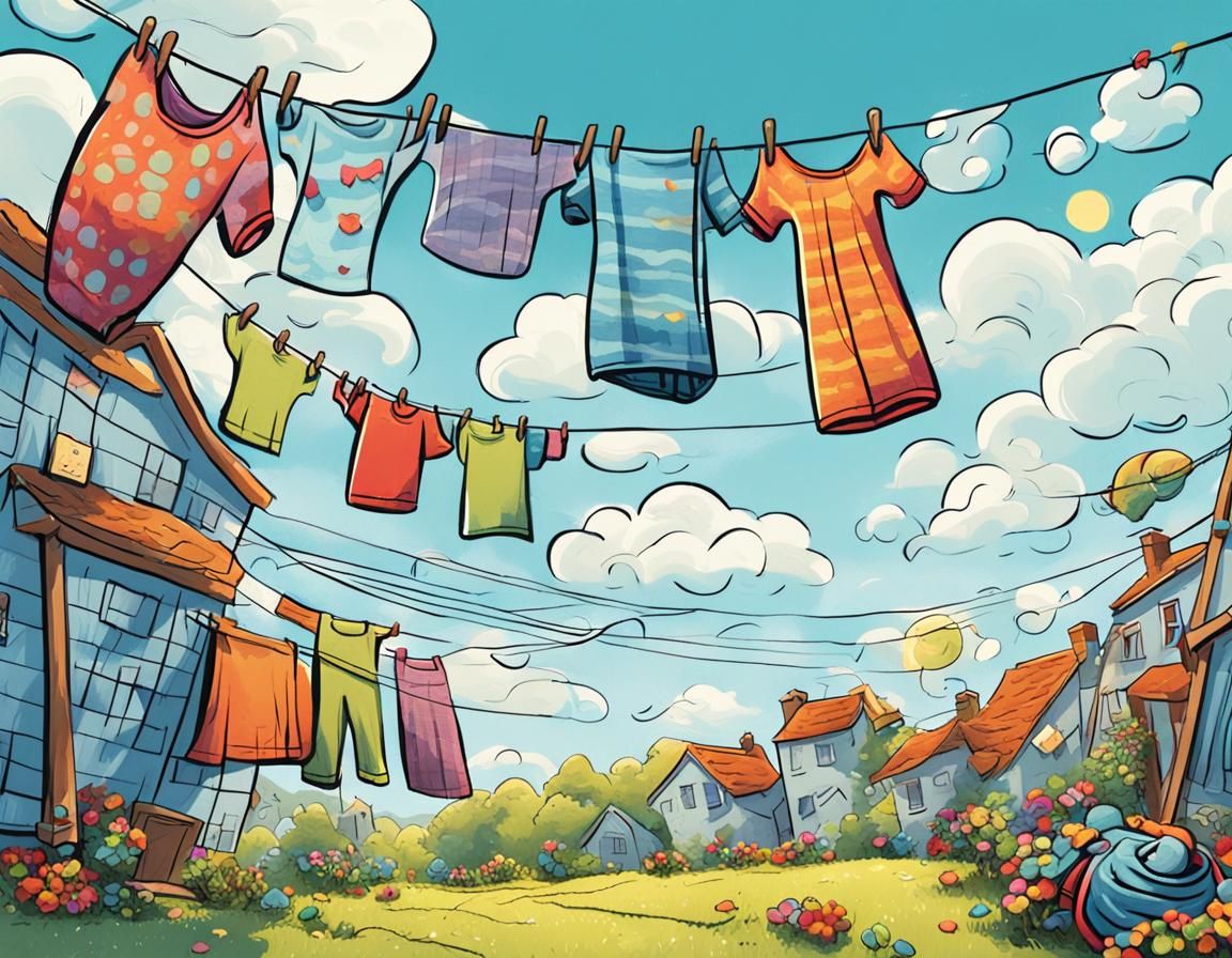 Anthropomorphic Breeze Cartoon Blowing Washing Line