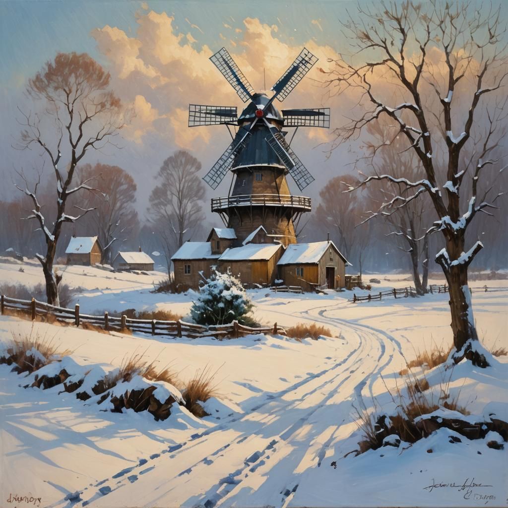 Winter Windmill in Snow: Oil Painting