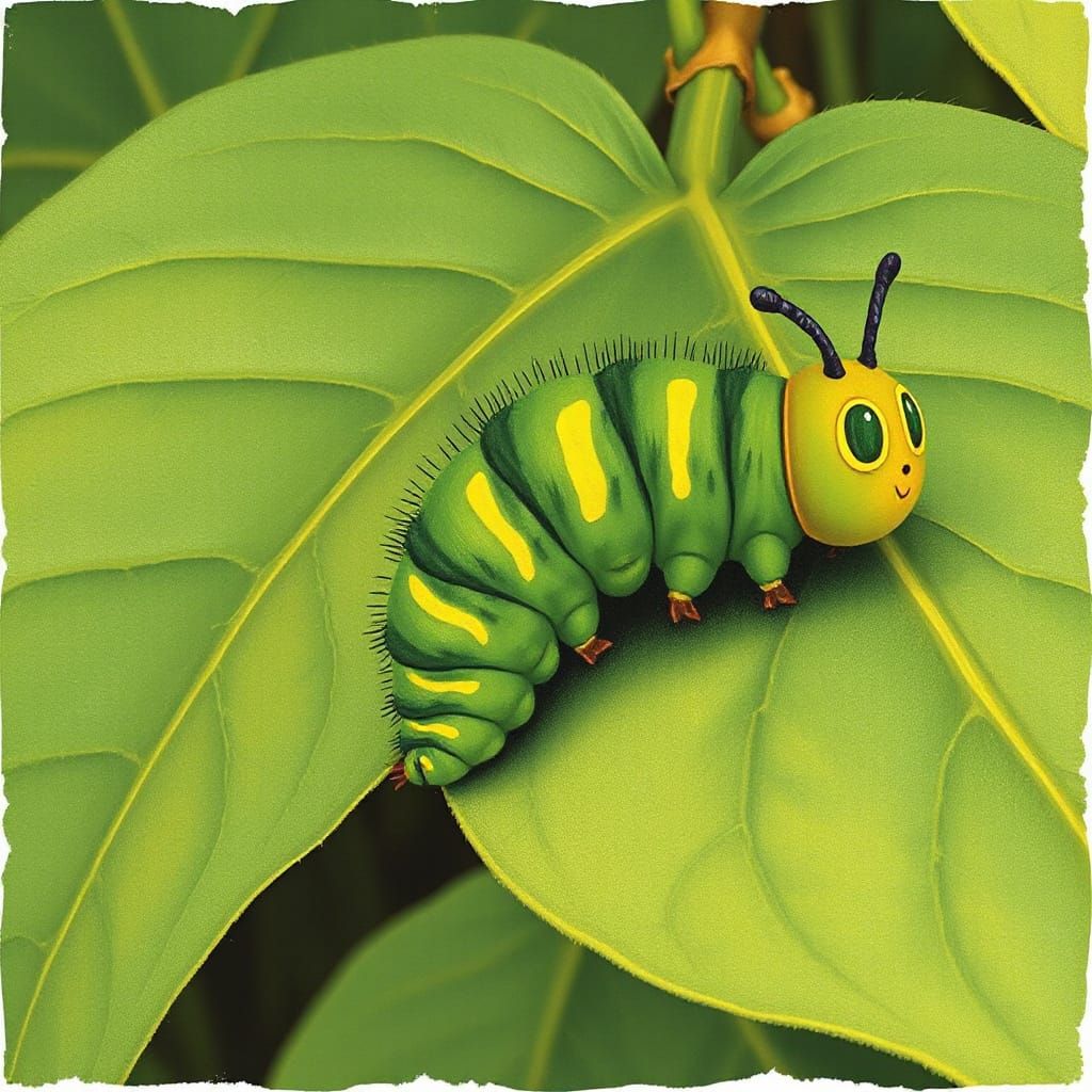 Whimsical Caterpillar Crawling on Leaf in Children's Book St...