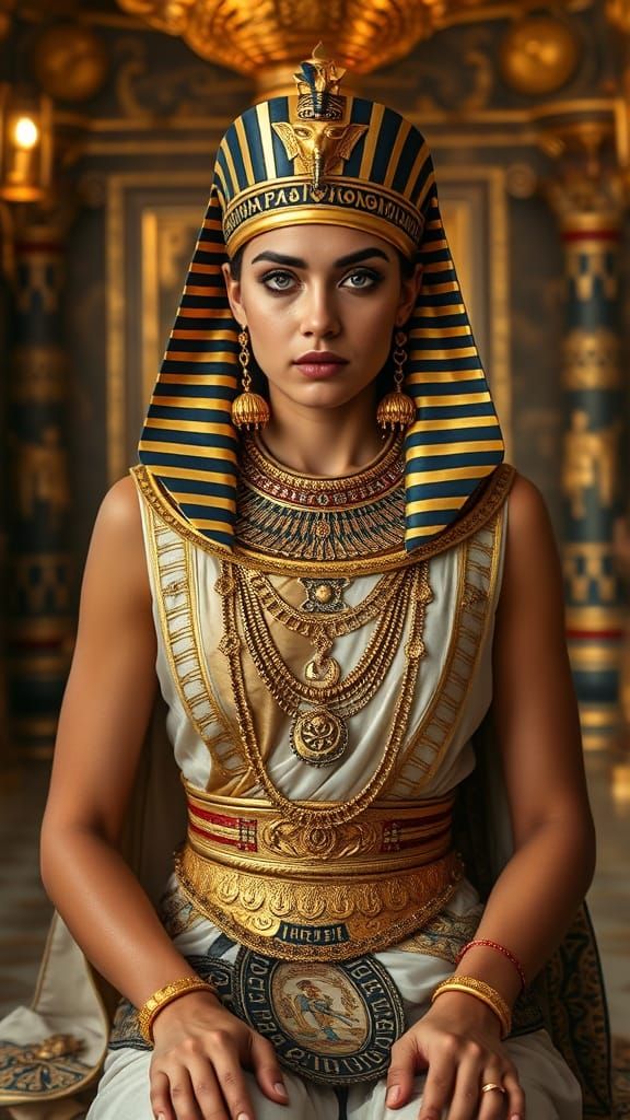 Egyptian Queen in Regal Palace, Hyperrealistic Portrait