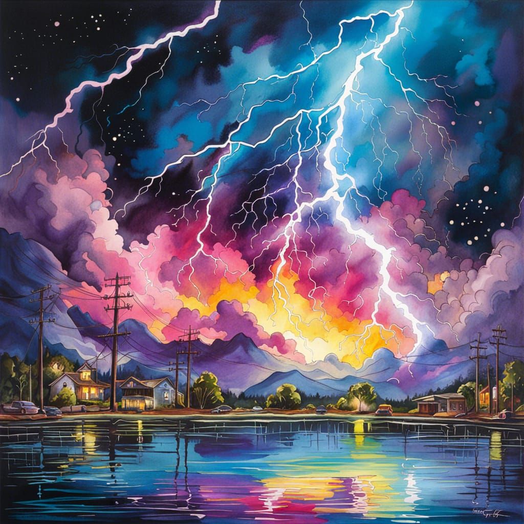 Vibrant Midnight Lightning Reflections in Watercolor