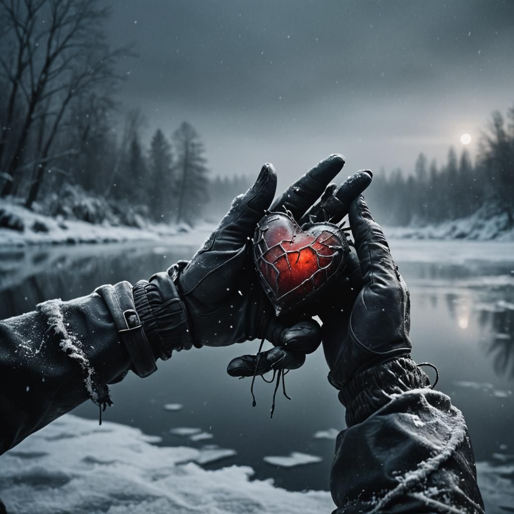 Living Heart on Frozen Lake: Dark Fantasy Illustration