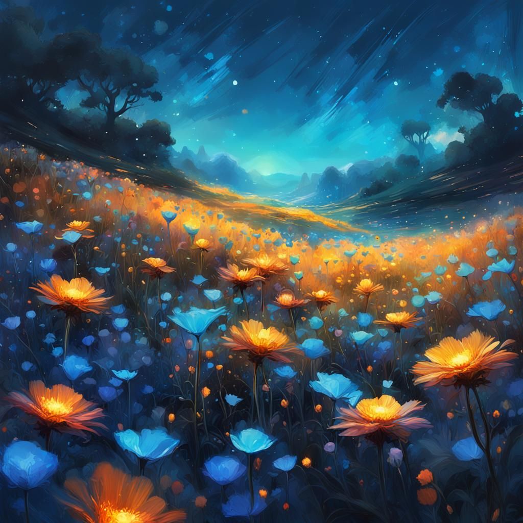 Bioluminescent Field of Magical Flowers at Sunrise