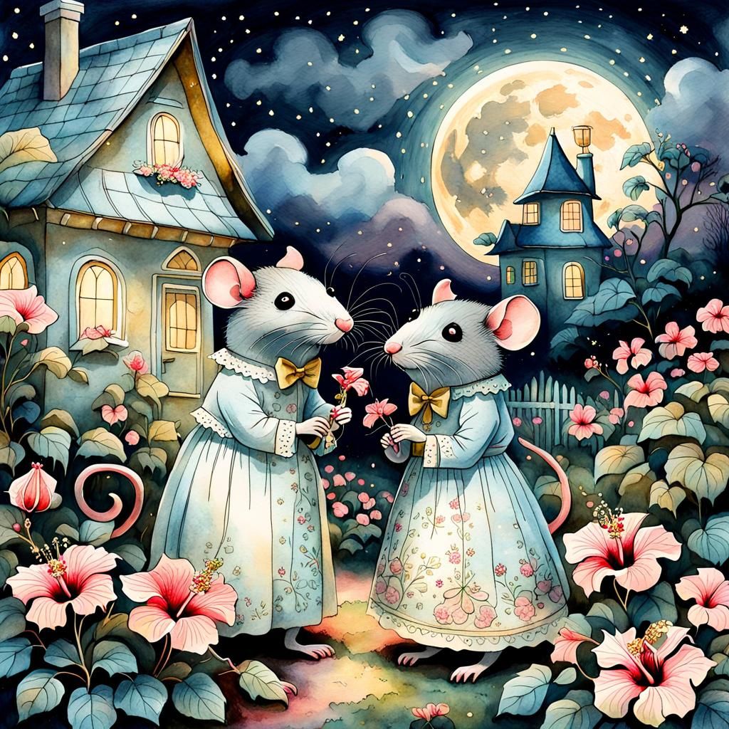 Rats Couple in Bridal Outfit, Folk Art Illustration