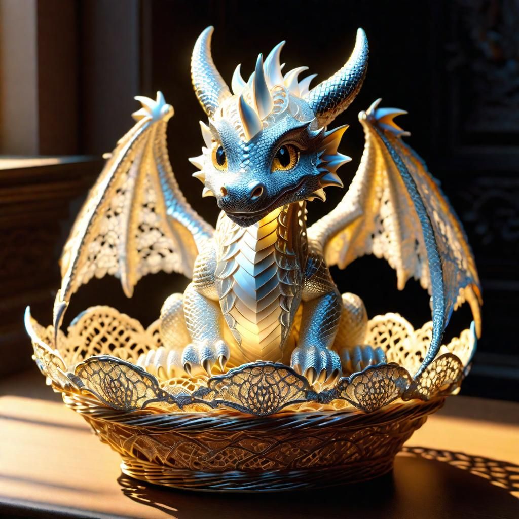 Hyperrealistic Lace Baby Dragon in Basket