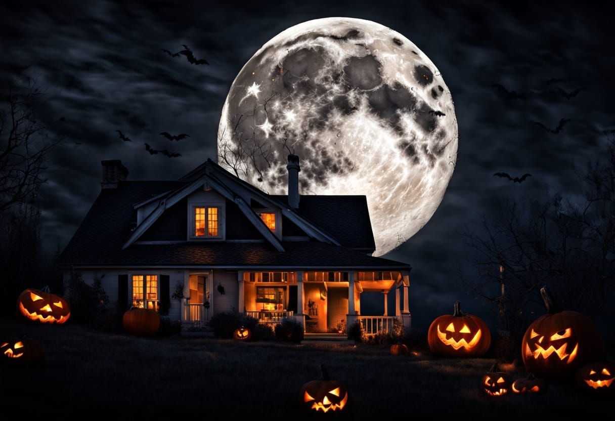 Haunted Halloween House Under Full Moon