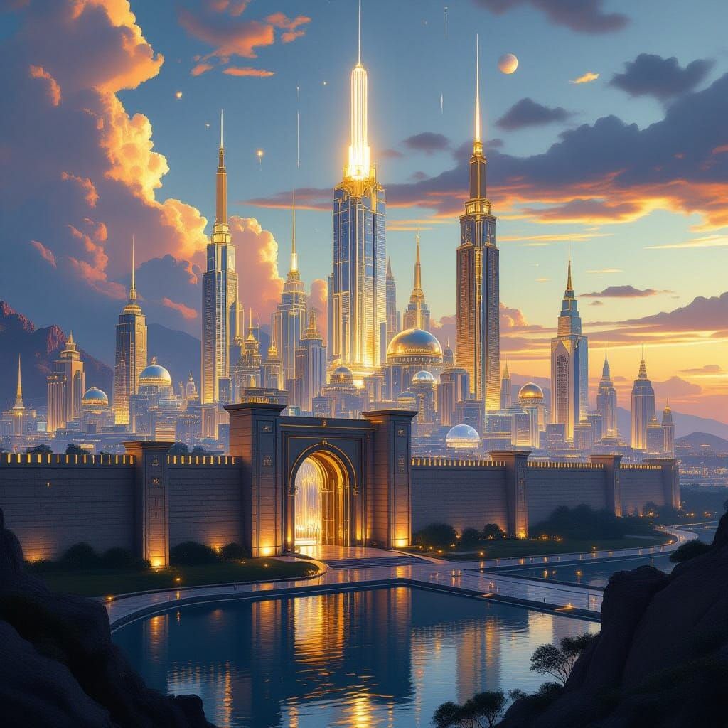 Hyperrealistic New Jerusalem Cityscape with Gold Gates