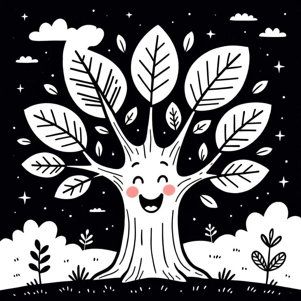 Cheerful Smiling Tree Cartoon Outline for Coloring