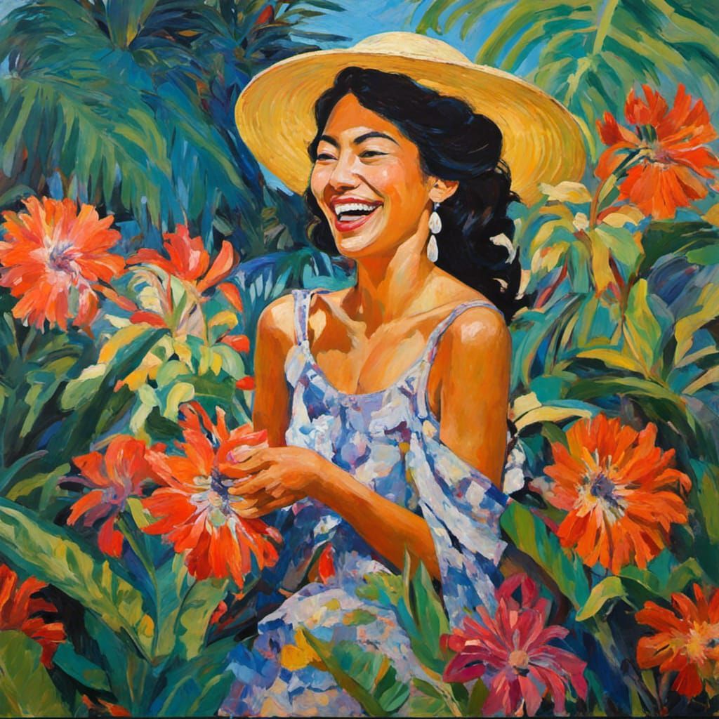 Joyous Tahitian Woman in Fauvist Style Jungle