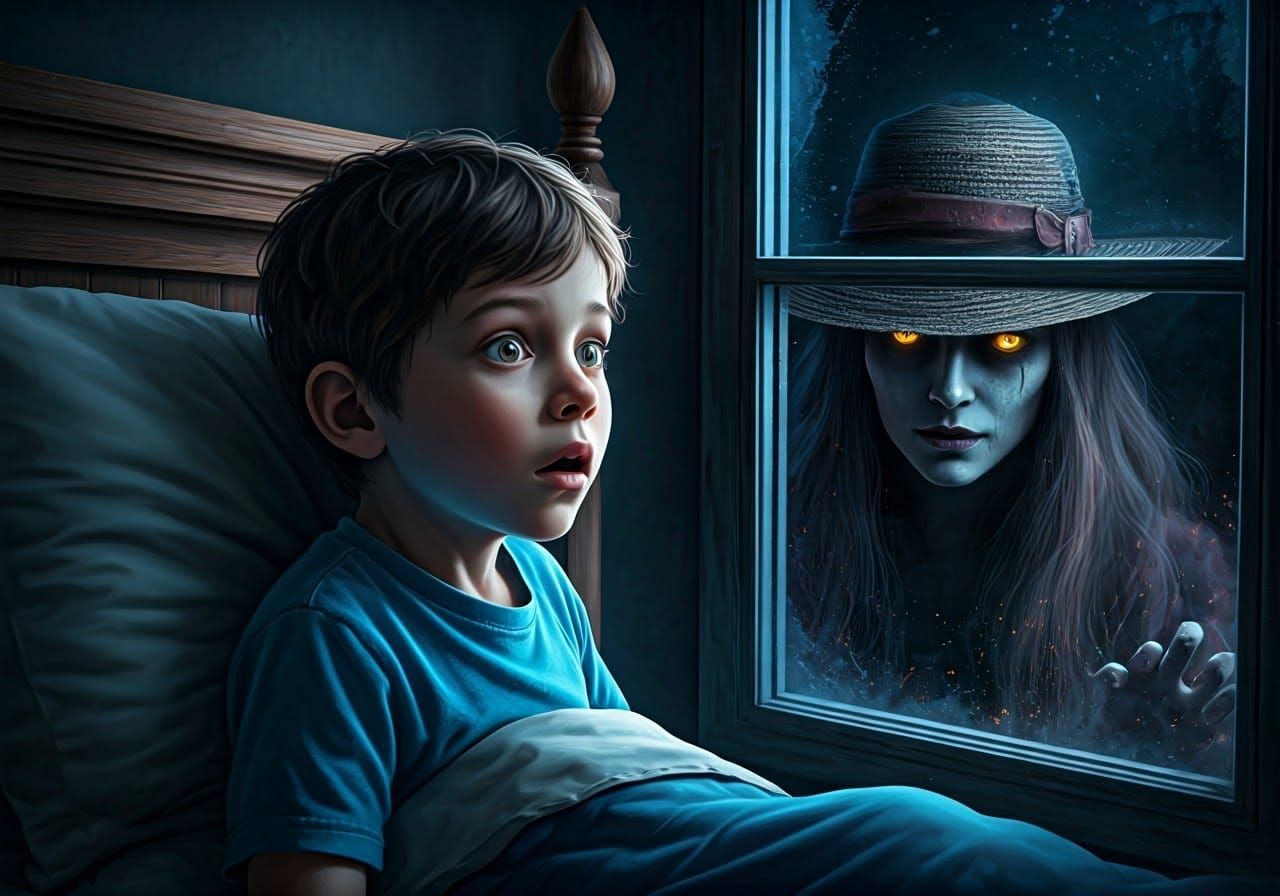 Eerie Midnight Visitor: Boy and Ghost in Hyperrealism