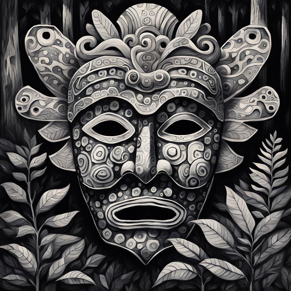 Watercolor Tribal Masks in Dark Forest