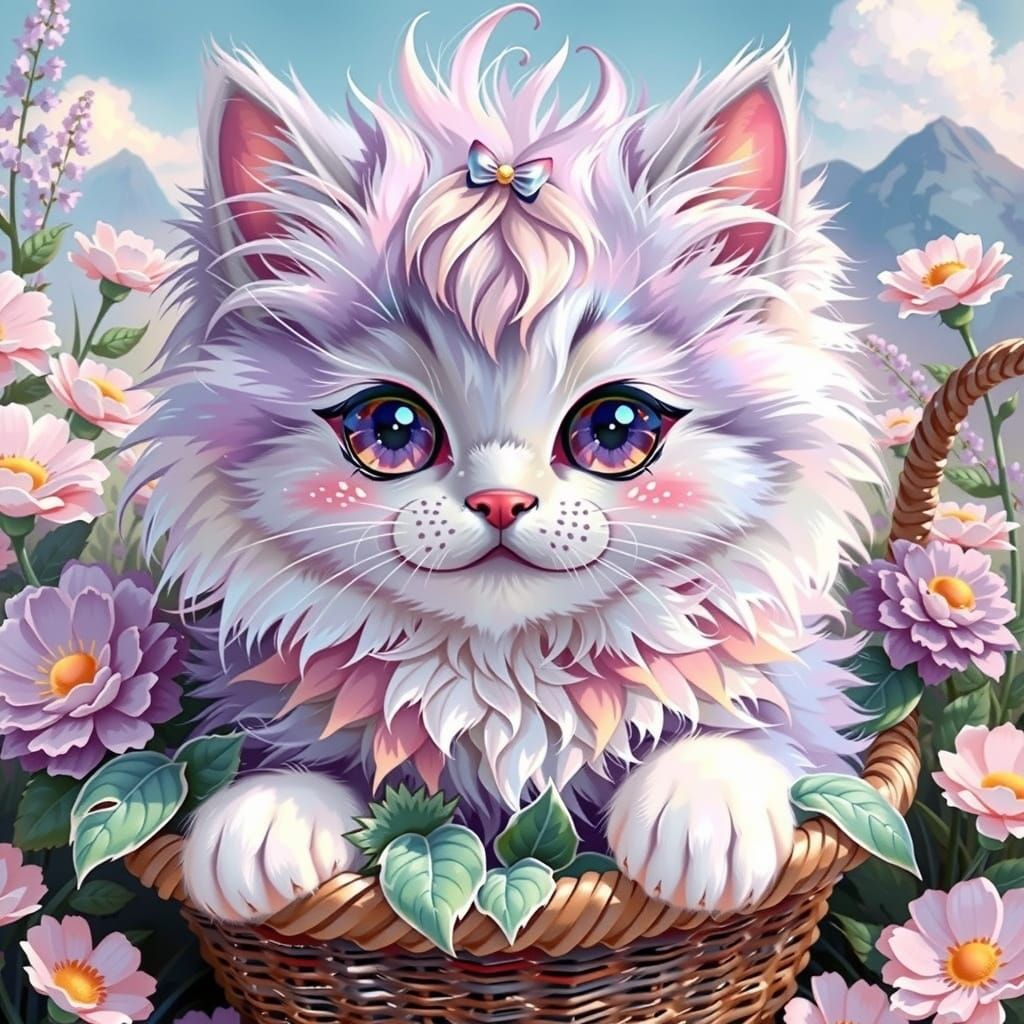 Pastel Kitten in Flowers: Kawaii Anime Digital Art